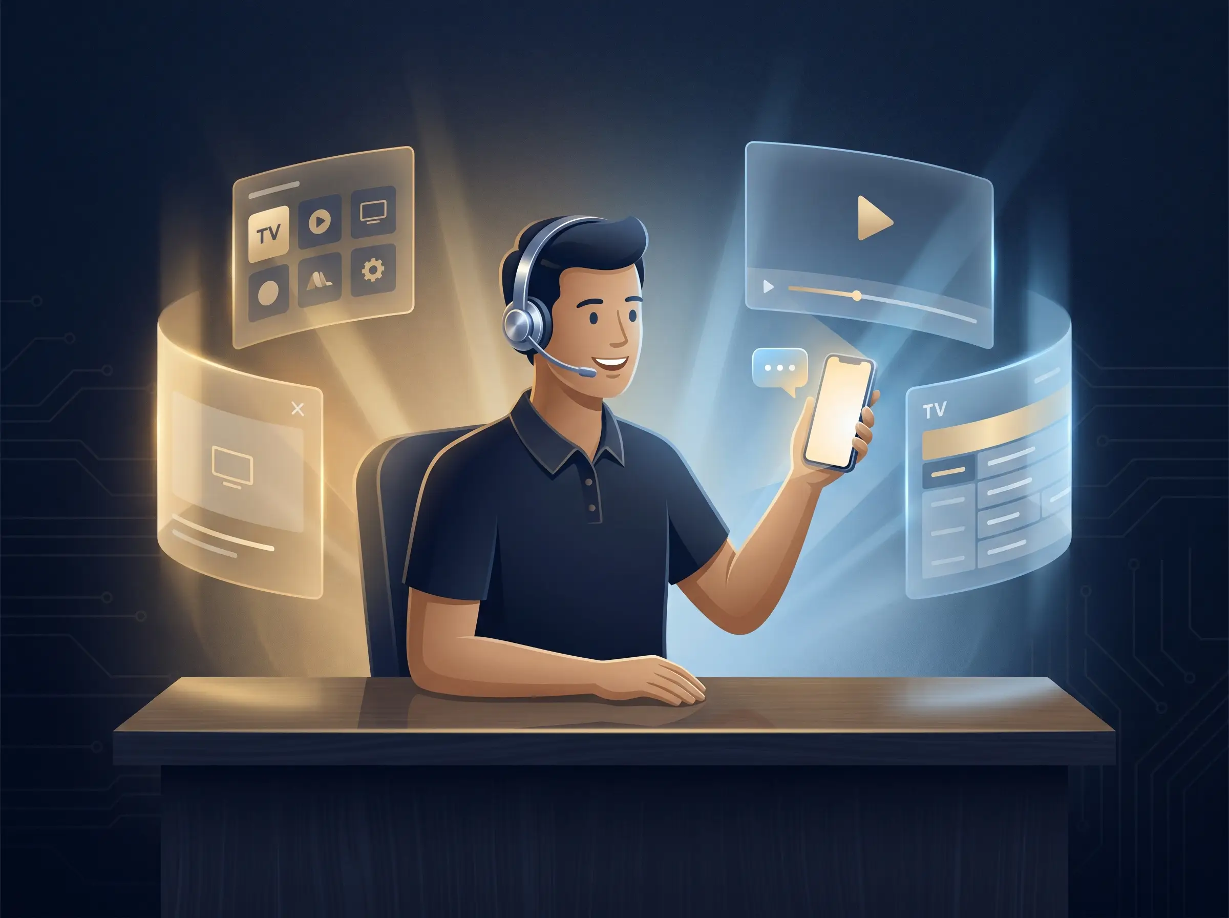 Conseiller iptv Luxembourg avec casque, prêt à accompagner les clients