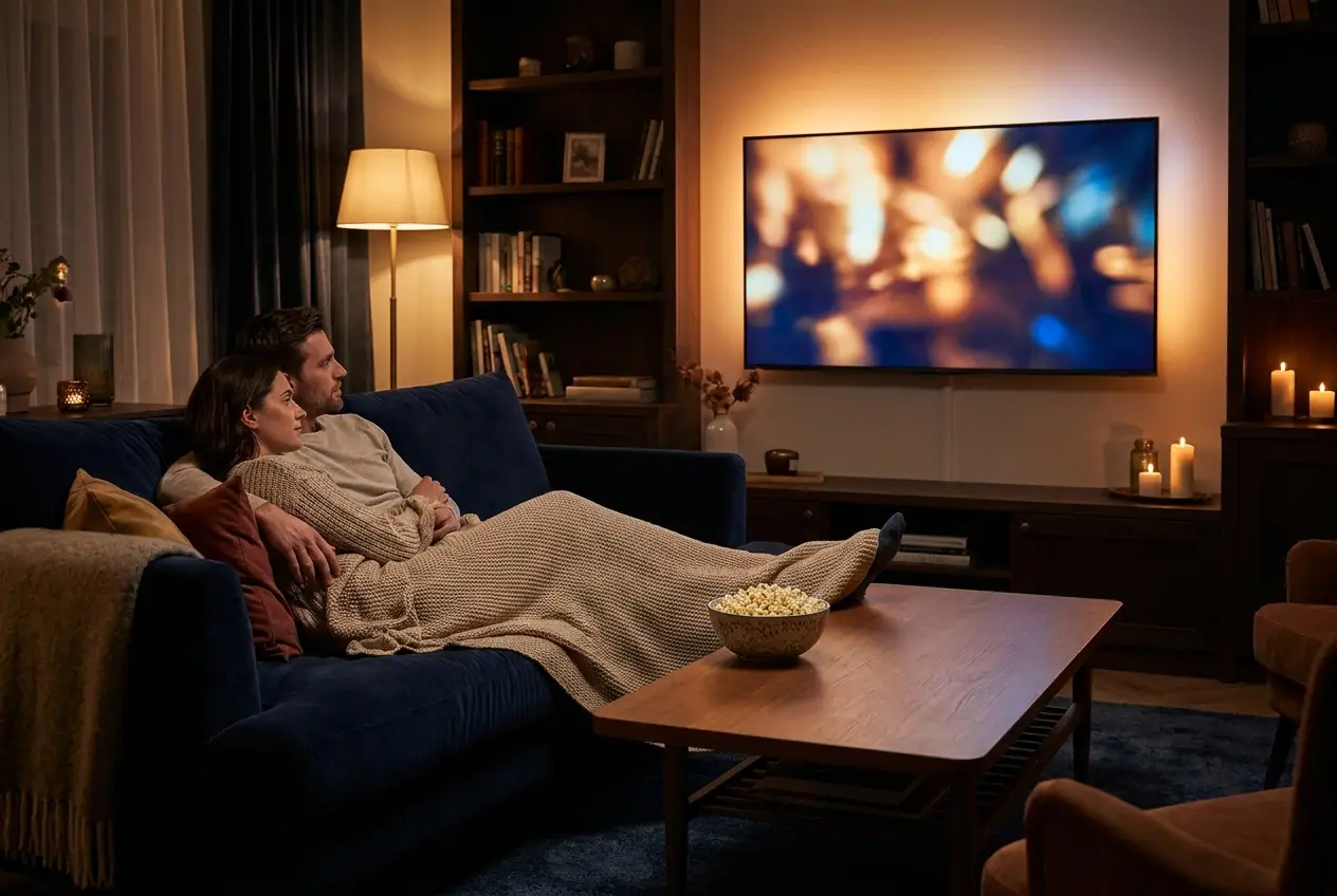 Couple regardant un film à la demande sur grand écran avec l'IPTV