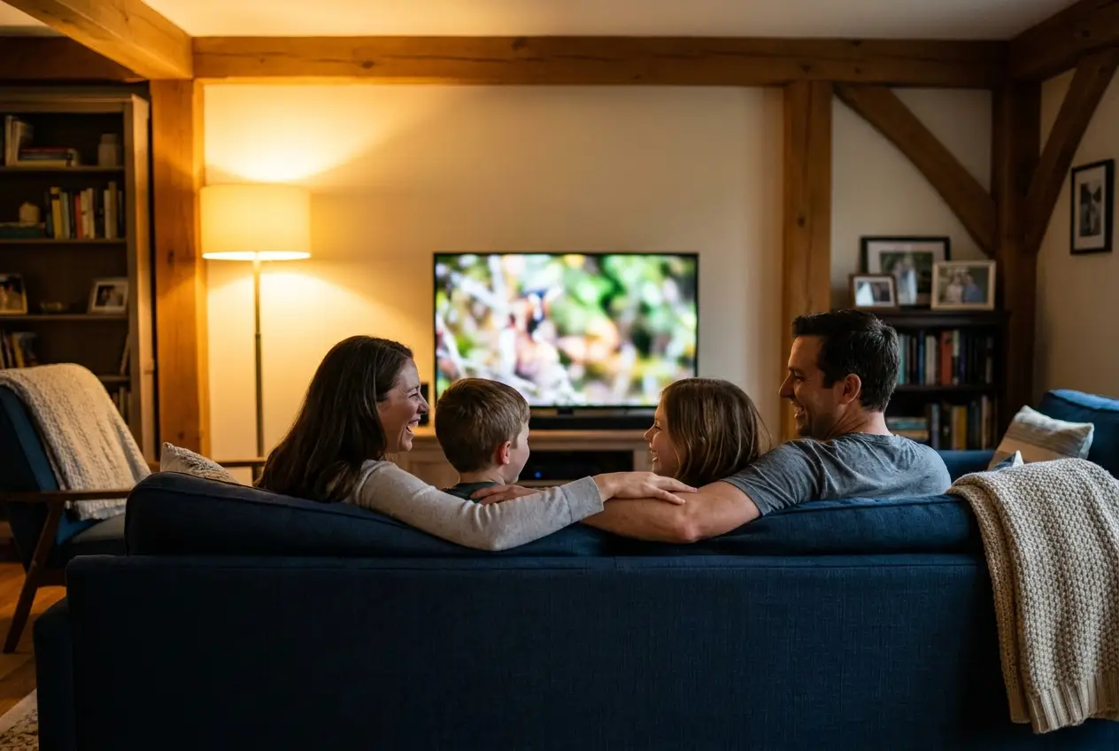 Famille regardant la télévision ensemble avec un abonnement IPTV au Luxembourg