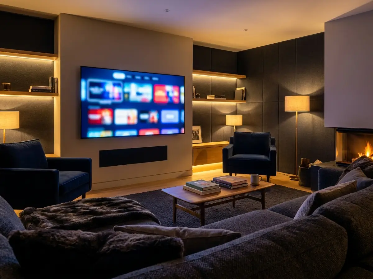 Salon avec une grande Smart TV affichant l'interface IPTV au Luxembourg