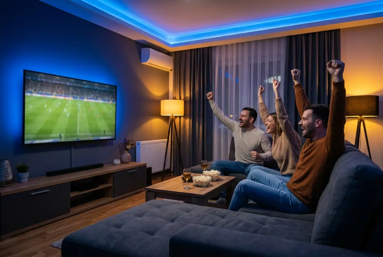 Amis regardant un match de sport en direct grâce à l'IPTV