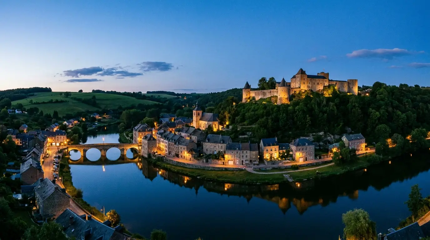 Paysage de Wallonie au crépuscule, la Meuse et la citadelle de Namur